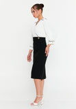 Faux-Two-Piece Wrap V-Neck Midi Dress – Contrast Piping Top, 3/4 Puff Sleeves & High-Waisted Pencil Skirt