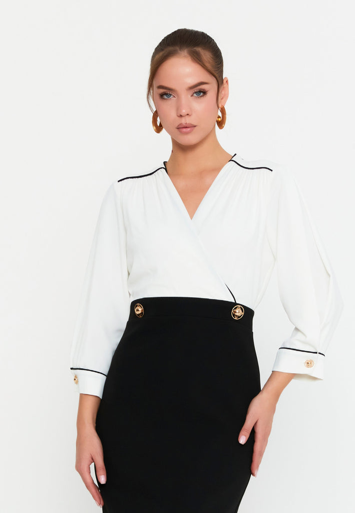 Faux-Two-Piece Wrap V-Neck Midi Dress – Contrast Piping Top, 3/4 Puff Sleeves & High-Waisted Pencil Skirt