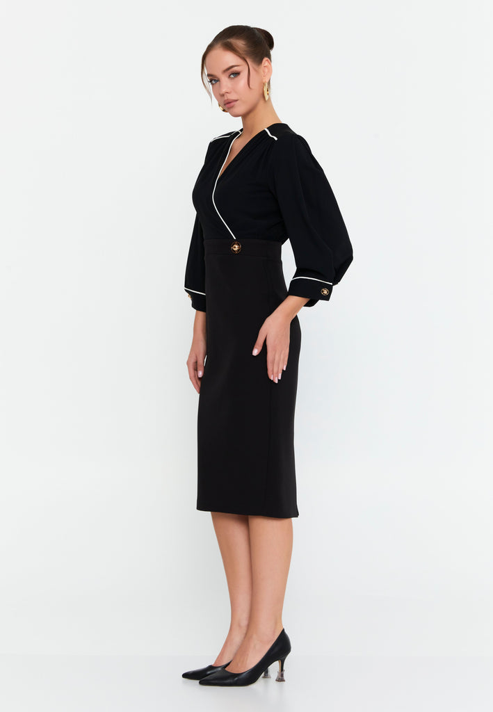 Faux-Two-Piece Wrap V-Neck Midi Dress – Contrast Piping Top, 3/4 Puff Sleeves & High-Waisted Pencil Skirt