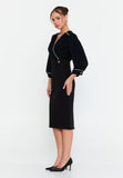 Faux-Two-Piece Wrap V-Neck Midi Dress – Contrast Piping Top, 3/4 Puff Sleeves & High-Waisted Pencil Skirt