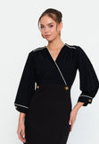 Faux-Two-Piece Wrap V-Neck Midi Dress – Contrast Piping Top, 3/4 Puff Sleeves & High-Waisted Pencil Skirt