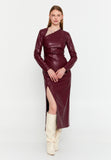 Asymmetric Cutout Chain-Detail PU Gown – Side-Ruched Waist, Long Sleeves & High-Slit Column Skirt
