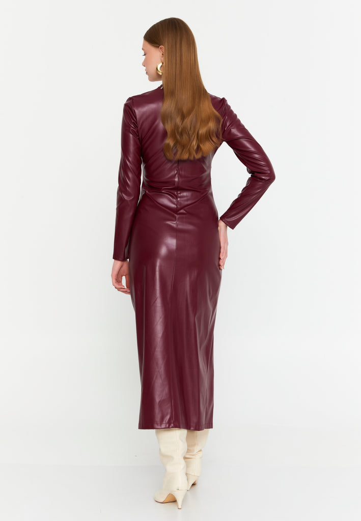 Asymmetric Cutout Chain-Detail PU Gown – Side-Ruched Waist, Long Sleeves & High-Slit Column Skirt
