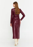 Asymmetric Cutout Chain-Detail PU Gown – Side-Ruched Waist, Long Sleeves & High-Slit Column Skirt