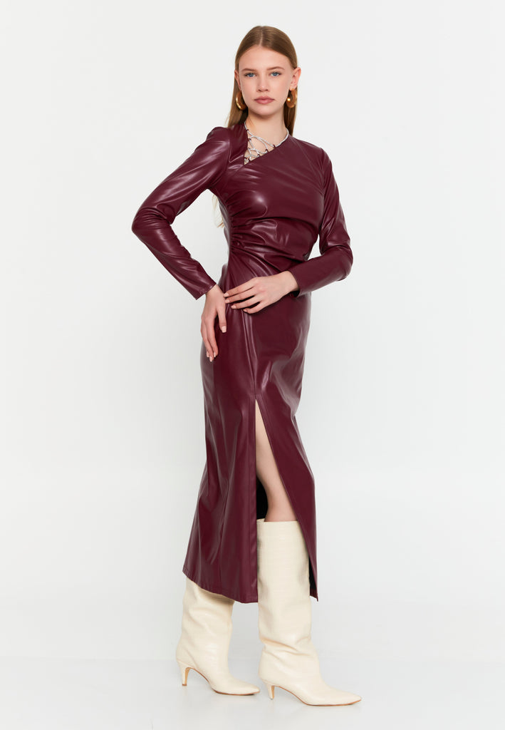 Asymmetric Cutout Chain-Detail PU Gown – Side-Ruched Waist, Long Sleeves & High-Slit Column Skirt