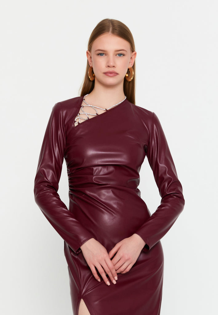 Asymmetric Cutout Chain-Detail PU Gown – Side-Ruched Waist, Long Sleeves & High-Slit Column Skirt
