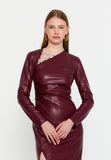 Asymmetric Cutout Chain-Detail PU Gown – Side-Ruched Waist, Long Sleeves & High-Slit Column Skirt