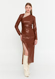 Asymmetric Cutout Chain-Detail PU Gown – Side-Ruched Waist, Long Sleeves & High-Slit Column Skirt