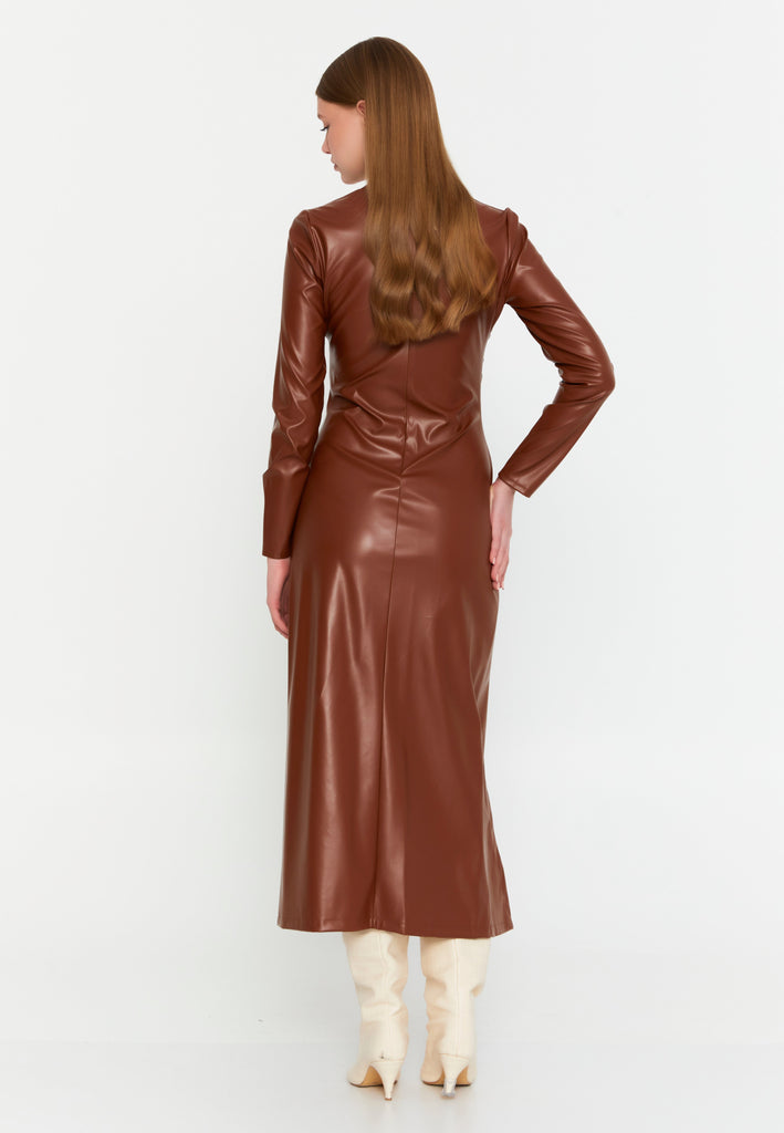Asymmetric Cutout Chain-Detail PU Gown – Side-Ruched Waist, Long Sleeves & High-Slit Column Skirt