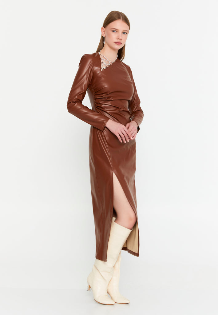 Asymmetric Cutout Chain-Detail PU Gown – Side-Ruched Waist, Long Sleeves & High-Slit Column Skirt