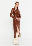 Asymmetric Cutout Chain-Detail PU Gown – Side-Ruched Waist, Long Sleeves & High-Slit Column Skirt