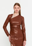 Asymmetric Cutout Chain-Detail PU Gown – Side-Ruched Waist, Long Sleeves & High-Slit Column Skirt
