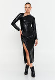 Asymmetric Cutout Chain-Detail PU Gown – Side-Ruched Waist, Long Sleeves & High-Slit Column Skirt