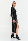 Asymmetric Cutout Chain-Detail PU Gown – Side-Ruched Waist, Long Sleeves & High-Slit Column Skirt