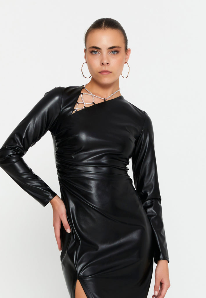 Asymmetric Cutout Chain-Detail PU Gown – Side-Ruched Waist, Long Sleeves & High-Slit Column Skirt