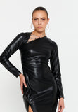Asymmetric Cutout Chain-Detail PU Gown – Side-Ruched Waist, Long Sleeves & High-Slit Column Skirt