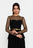 Illusion-Mesh Bodice Maxi Gown with Metal-Finish Belt – Sweetheart Inner Line & Knife-Pleated Flowing Skirt