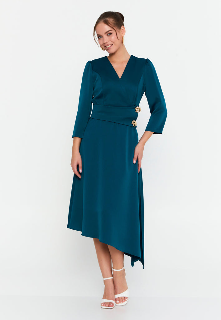 Elegant V-Neck Midi Dress – Asymmetric Hemline, Fitted Waist & Gold Button Detail for Modern Grace