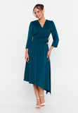 Elegant V-Neck Midi Dress – Asymmetric Hemline, Fitted Waist & Gold Button Detail for Modern Grace