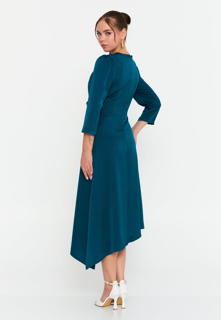 Elegant V-Neck Midi Dress – Asymmetric Hemline, Fitted Waist & Gold Button Detail for Modern Grace