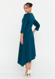 Elegant V-Neck Midi Dress – Asymmetric Hemline, Fitted Waist & Gold Button Detail for Modern Grace