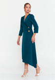 Elegant V-Neck Midi Dress – Asymmetric Hemline, Fitted Waist & Gold Button Detail for Modern Grace