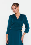 Elegant V-Neck Midi Dress – Asymmetric Hemline, Fitted Waist & Gold Button Detail for Modern Grace