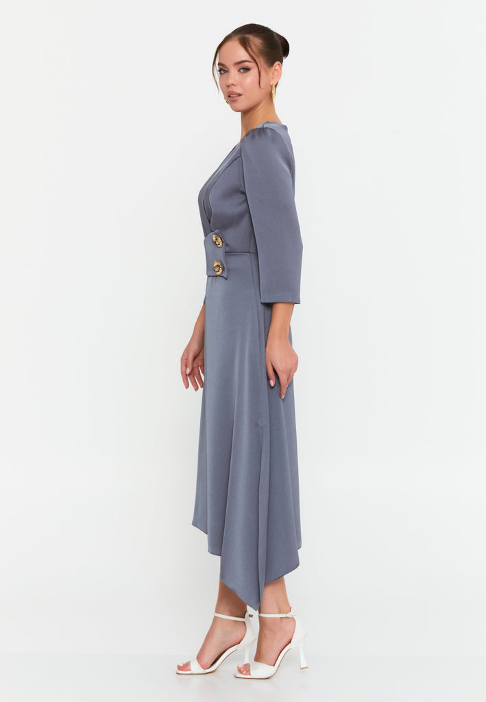 Elegant V-Neck Midi Dress – Asymmetric Hemline, Fitted Waist & Gold Button Detail for Modern Grace