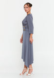 Elegant V-Neck Midi Dress – Asymmetric Hemline, Fitted Waist & Gold Button Detail for Modern Grace