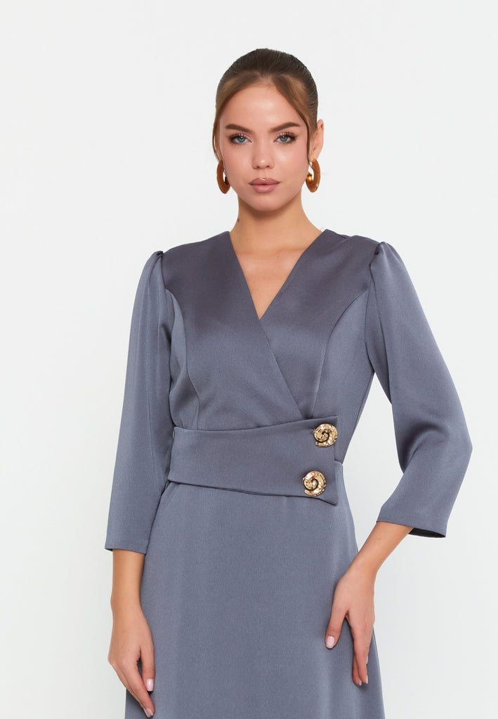Elegant V-Neck Midi Dress – Asymmetric Hemline, Fitted Waist & Gold Button Detail for Modern Grace