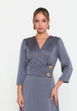 Elegant V-Neck Midi Dress – Asymmetric Hemline, Fitted Waist & Gold Button Detail for Modern Grace