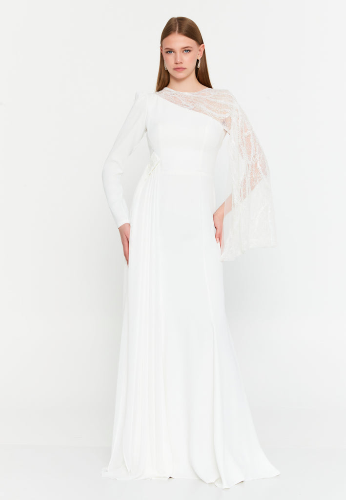 Asymmetric Lace-Sleeve Gown – Sculpted Waist, Draped Sheer Overlay & Modern Goddess Silhouette