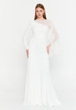 Asymmetric Lace-Sleeve Gown – Sculpted Waist, Draped Sheer Overlay & Modern Goddess Silhouette