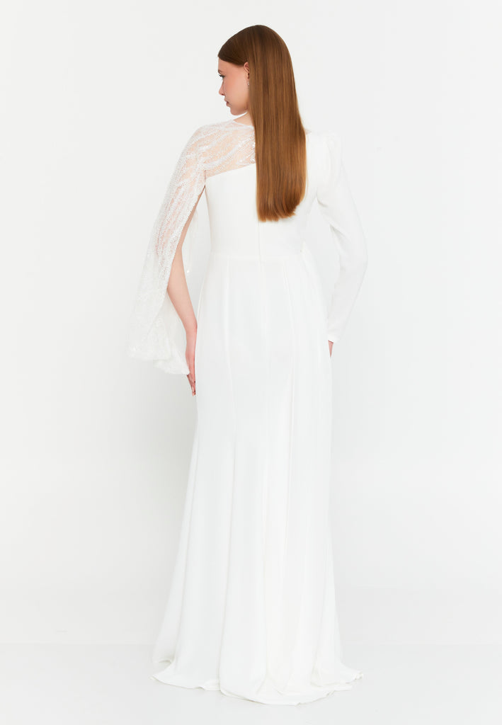 Asymmetric Lace-Sleeve Gown – Sculpted Waist, Draped Sheer Overlay & Modern Goddess Silhouette