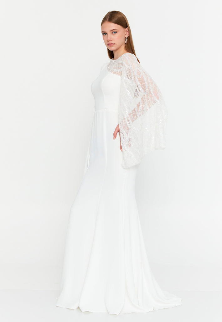 Asymmetric Lace-Sleeve Gown – Sculpted Waist, Draped Sheer Overlay & Modern Goddess Silhouette