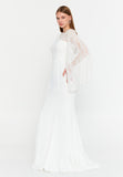 Asymmetric Lace-Sleeve Gown – Sculpted Waist, Draped Sheer Overlay & Modern Goddess Silhouette