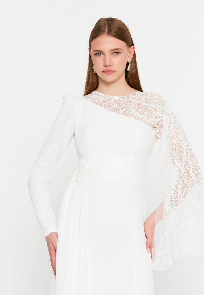 Asymmetric Lace-Sleeve Gown – Sculpted Waist, Draped Sheer Overlay & Modern Goddess Silhouette