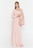 Asymmetric Lace-Sleeve Gown – Sculpted Waist, Draped Sheer Overlay & Modern Goddess Silhouette