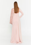 Asymmetric Lace-Sleeve Gown – Sculpted Waist, Draped Sheer Overlay & Modern Goddess Silhouette