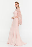Asymmetric Lace-Sleeve Gown – Sculpted Waist, Draped Sheer Overlay & Modern Goddess Silhouette