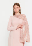 Asymmetric Lace-Sleeve Gown – Sculpted Waist, Draped Sheer Overlay & Modern Goddess Silhouette