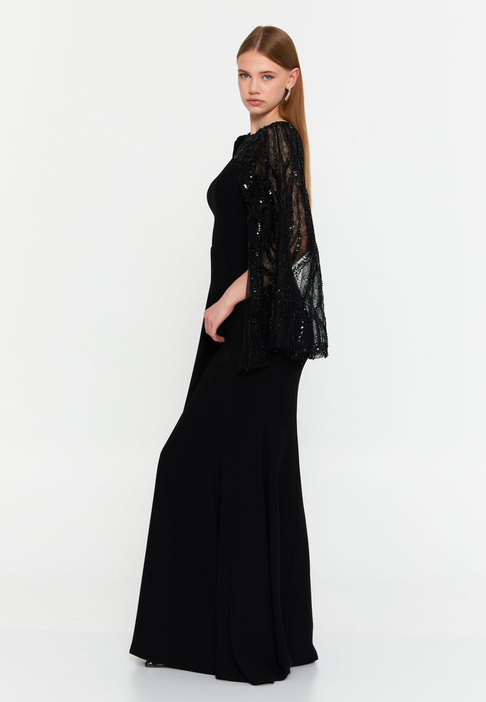 Asymmetric Lace-Sleeve Gown – Sculpted Waist, Draped Sheer Overlay & Modern Goddess Silhouette