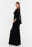 Asymmetric Lace-Sleeve Gown – Sculpted Waist, Draped Sheer Overlay & Modern Goddess Silhouette