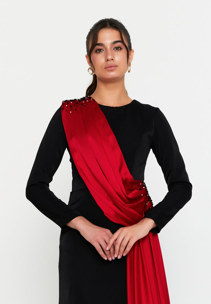 Asymmetric Draped Shoulder Gown – Hand-Beaded Detailing, Sculpted Silhouette & Flowing Train