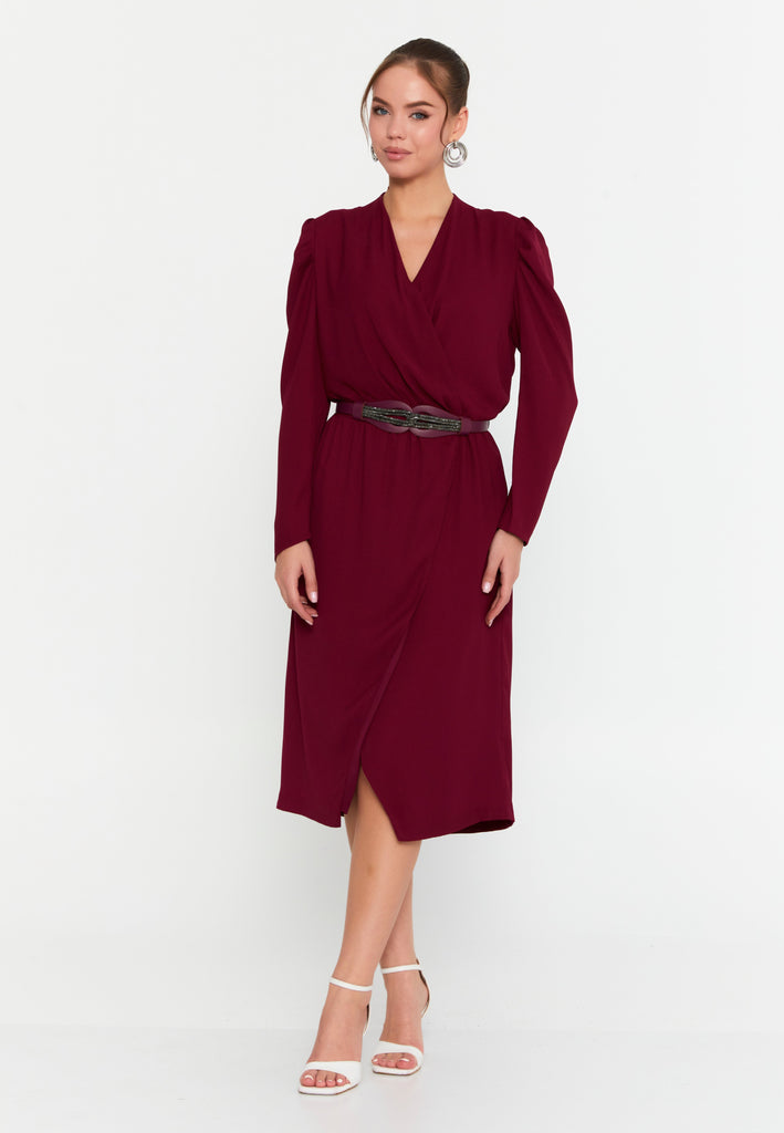 Elegant Wrap V-Neck Midi Dress – Tailored Waist, Subtle Shoulder Detail & Refined Professional Silhouette