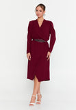 Elegant Wrap V-Neck Midi Dress – Tailored Waist, Subtle Shoulder Detail & Refined Professional Silhouette