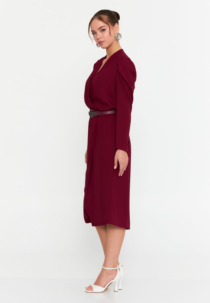 Elegant Wrap V-Neck Midi Dress – Tailored Waist, Subtle Shoulder Detail & Refined Professional Silhouette