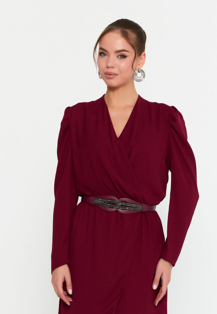 Elegant Wrap V-Neck Midi Dress – Tailored Waist, Subtle Shoulder Detail & Refined Professional Silhouette