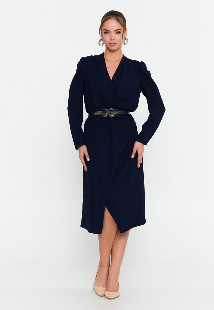 Elegant Wrap V-Neck Midi Dress – Tailored Waist, Subtle Shoulder Detail & Refined Professional Silhouette