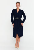 Elegant Wrap V-Neck Midi Dress – Tailored Waist, Subtle Shoulder Detail & Refined Professional Silhouette